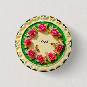 Decorative Green Rim Plate With Pink Rose 1 Inch Round Button
