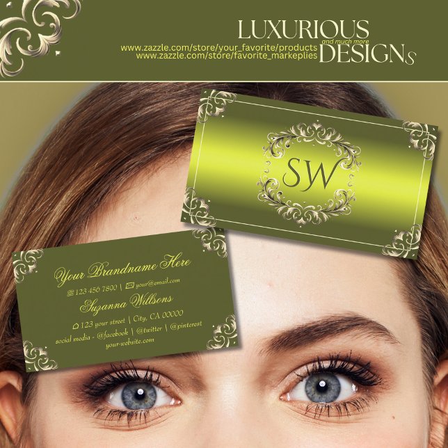Decorative Green Yellow with Monogram Eye Catching Business Card (Creator Uploaded)