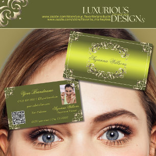 Decorative Green Yellow with Photo and QR Code Business Card