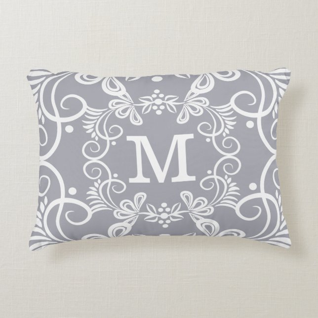 Decorative Grey White Custom Monogram Accent Pillow (Front)