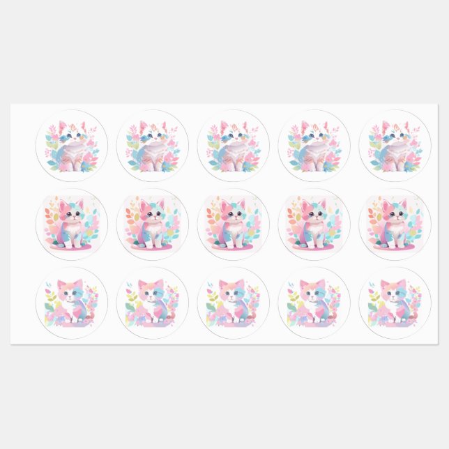 Decorative Group Of 3 Kittens In Flowers Stickers (Sheet)