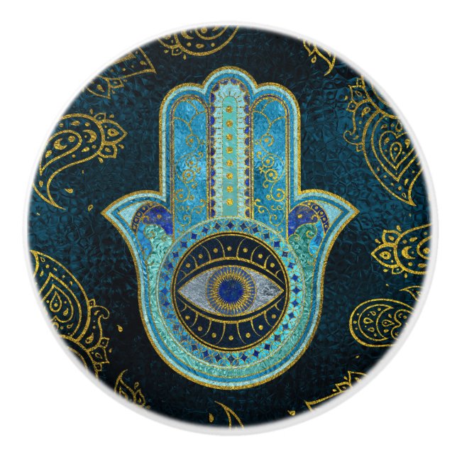 Decorative Hamsa Hand with paisley background Ceramic Knob (Front)