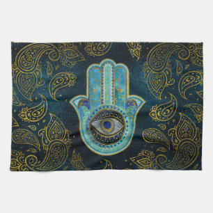 Decorative Hamsa Hand with paisley background Kitchen Towel