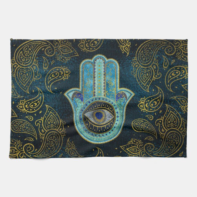 Decorative Hamsa Hand with paisley background Kitchen Towel (Horizontal)