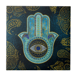 Decorative Hamsa Hand with paisley background Tile