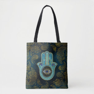 Decorative Hamsa Hand with paisley background Tote Bag