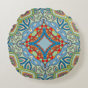 Decorative hand drawn seamless pattern. Colourful  Round Pillow