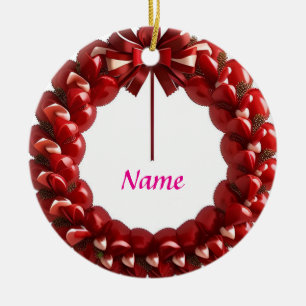 Decorative Heart Wreath with Bright Red Hearts Ceramic Ornament