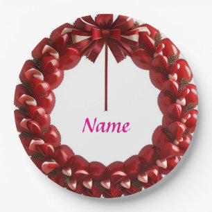 Decorative Heart Wreath with Bright Red Hearts Paper Plate