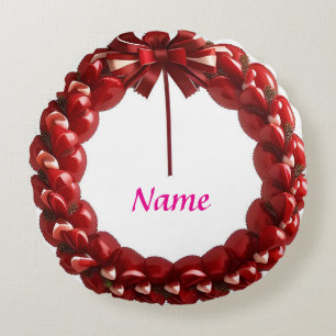 Decorative Heart Wreath with Bright Red Hearts  Round Pillow