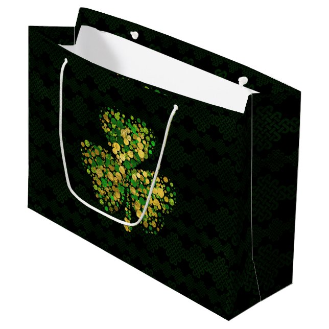 Decorative Irish Shamrock -Clover Gold and Green Large Gift Bag (Front Angled)