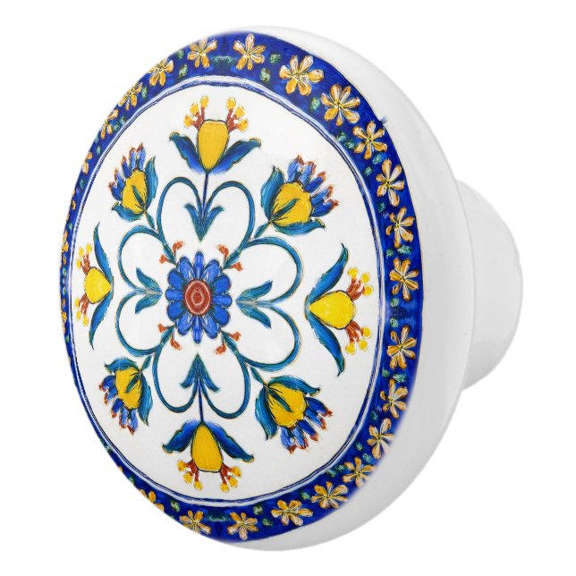 Decorative Italian Antico Deruta Floral Cabinet Ceramic Knob (Right)