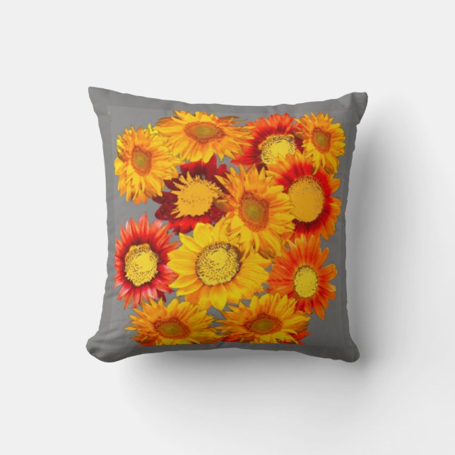 DECORATIVE KANSAS SUNFLOWERS GREY ART THROW PILLOW (Front)