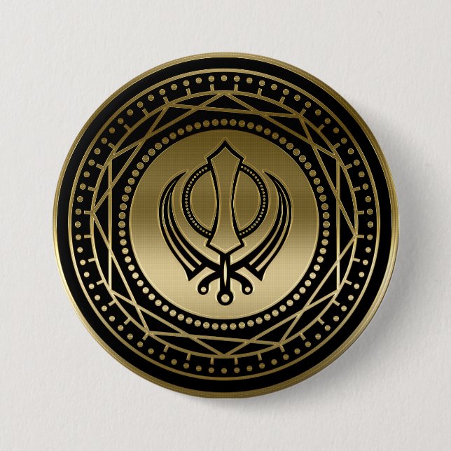 Decorative Khanda symbol gold on black 3 Inch Round Button (Front)