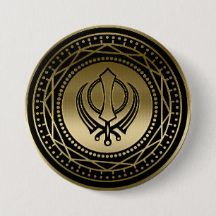 Decorative Khanda symbol gold on black 3 Inch Round Button