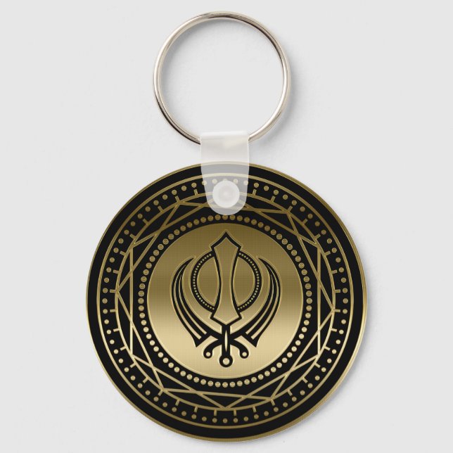 Decorative Khanda symbol gold on black Keychain (Front)
