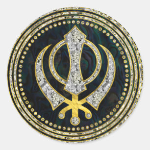 Decorative Khanda symbol with gemstones & gold Classic Round Sticker