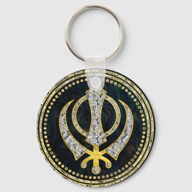 Decorative Khanda symbol with gemstones & gold Keychain (Front)