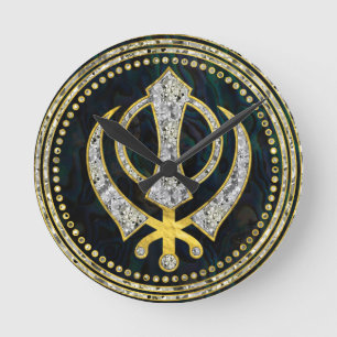 Decorative Khanda symbol with gemstones & gold Round Clock