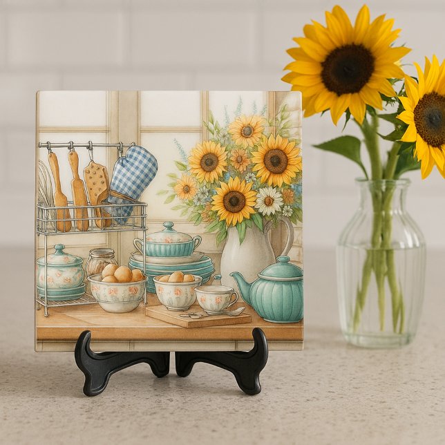 Decorative Kitchen Shelf with Sunflowers Tile (“Styled using AI-generated mockup by Susang6.”)