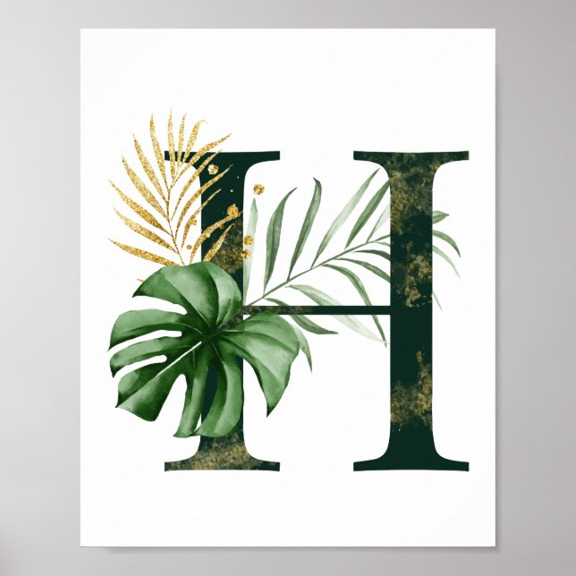 Decorative Letter H with tropical leaves Poster (Front)