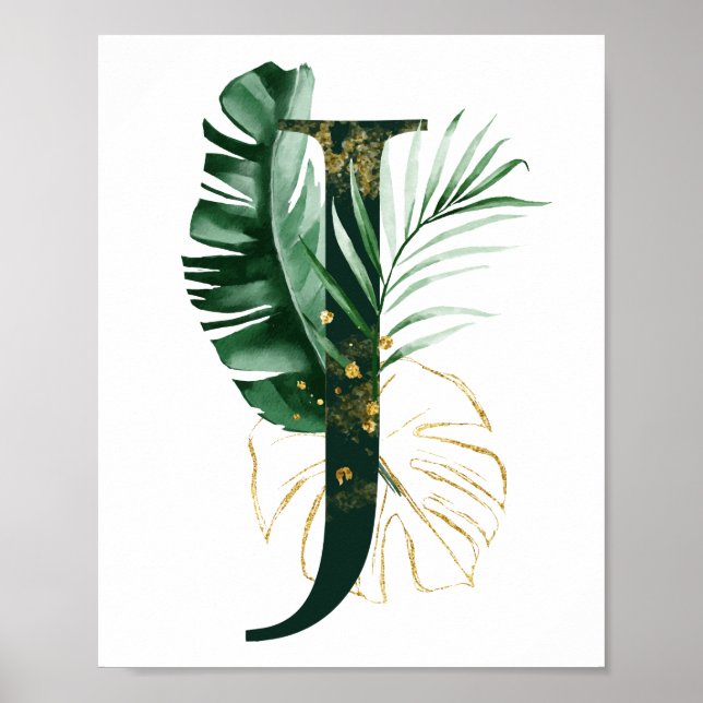 Decorative Letter J with tropical leaves Poster (Front)