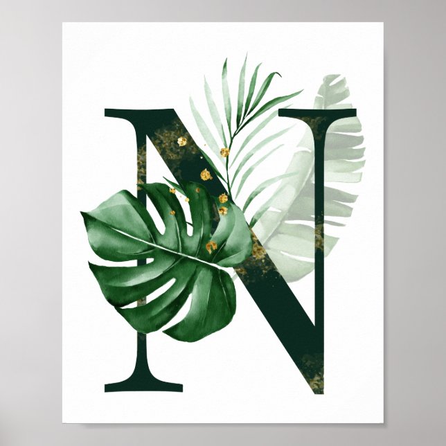 Decorative Letter N with tropical leaves Poster (Front)