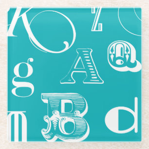 Decorative Letters on Blue Background Glass Coaster
