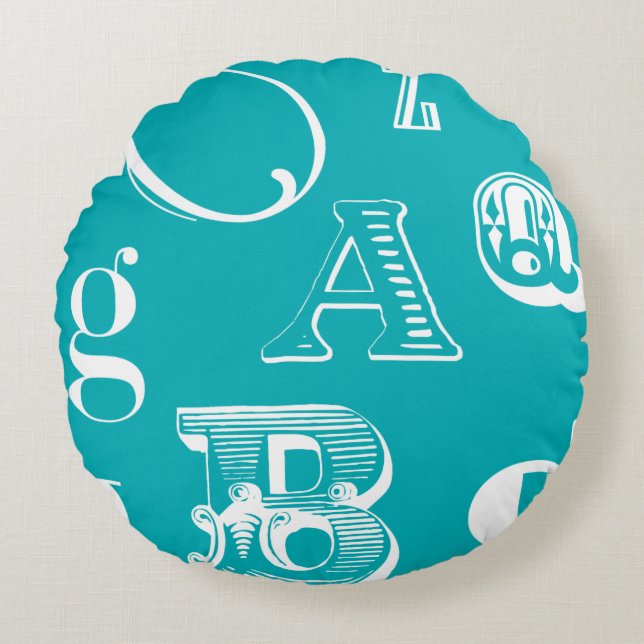 Decorative Letters on Blue Background Round Pillow (Front)