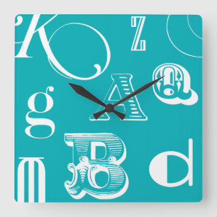 Decorative Letters on Blue Background Square Wall Clock