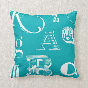 Decorative Letters on Blue Background Throw Pillow