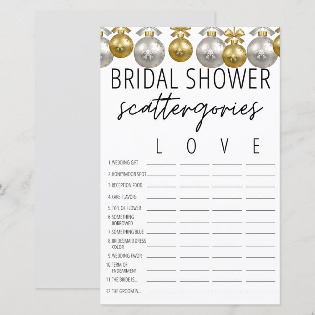 Decorative Light Bridal Shower Scattergories Game  (Front/Back)