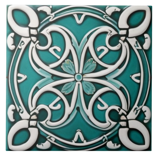 Decorative Lucky Four Leaf Clover Turquoise Celtic Tile (Front)