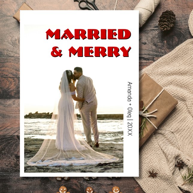 Decorative Married and Merry Modern Rich RedText Holiday Card (Creator Uploaded)