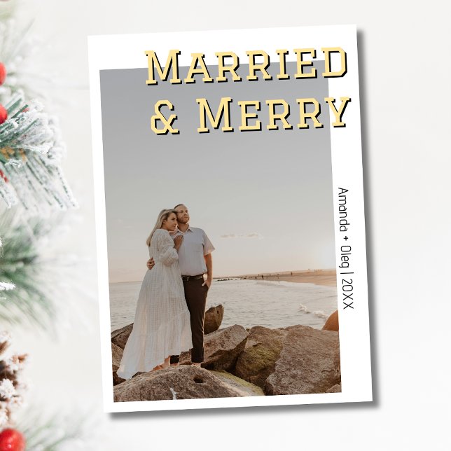 Decorative Married and Merry Modern Soft Gold Text Holiday Card (Creator Uploaded)