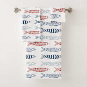 Decorative Mediterranean Sardines Fish Pattern Bath Towel Set