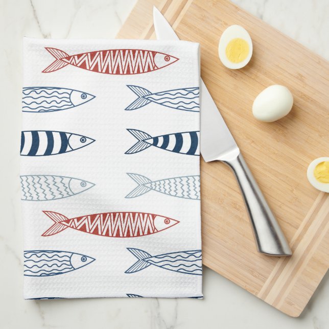 Decorative Mediterranean Sardines Fish Pattern Kitchen Towel (Quarter Fold)