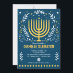 Decorative Menorah Hanukkah Holiday Party Invitation<br><div class="desc">Make Chanukah special and celebrate with family and friends with this decorative Hanukkah party invitation. A gold menorah is surrounded by leaves,  stars,  and swirls against a rich blue background. Available with matching products.</div>