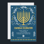 Decorative Menorah Hanukkah Holiday Party Invitation<br><div class="desc">Make Chanukah special and celebrate with family and friends with this decorative Hanukkah party invitation. A gold menorah is surrounded by leaves,  stars,  and swirls against a rich blue background. Available with matching products.</div>