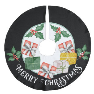 Decorative Merry Christmas Copy with Gifts & Holly Faux Linen Tree Skirt
