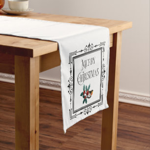 Decorative Merry Christmas Holly Sprig and Robing Short Table Runner