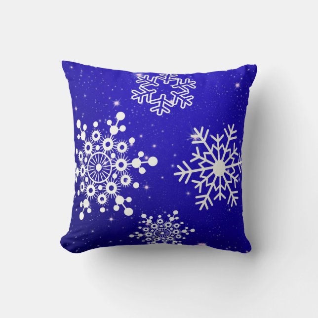 Decorative Merry Christmas Snowflake White Blue Throw Pillow (Front)