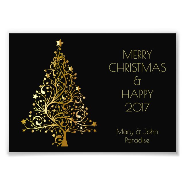 Decorative Merry Christmas Tree Stars Black Gold Photo Print (Front)