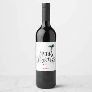Decorative Merry Christmas Typograpny Holly Wine Label