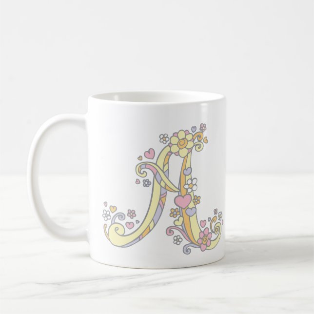 Decorative Monogram A hearts and flowers mug (Left)
