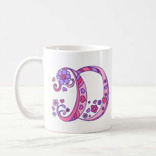 Decorative Monogram D hearts & flowers pink mug