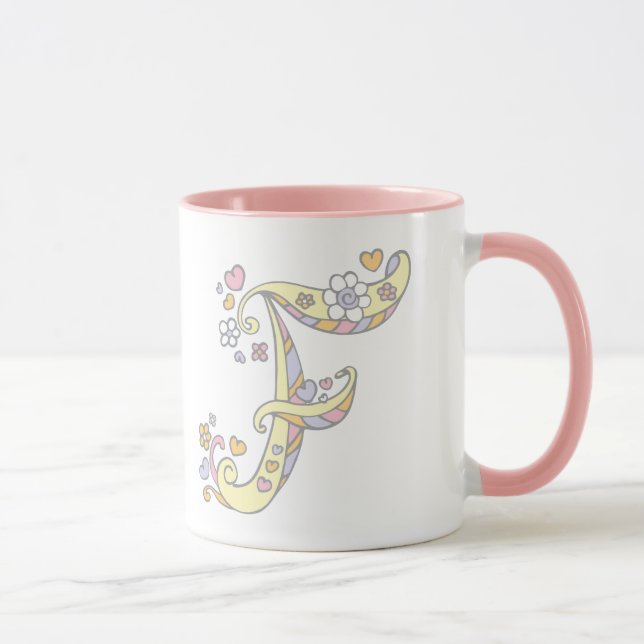 Decorative Monogram F hearts and flowers mug (Right)