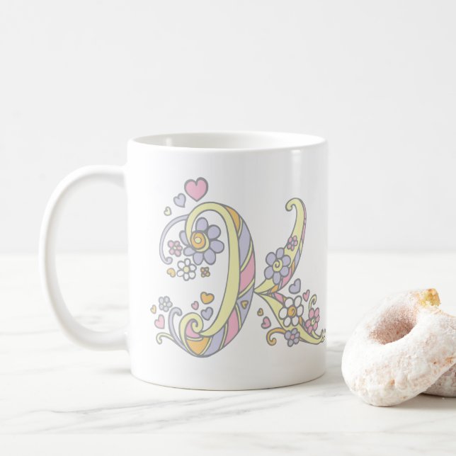 Decorative Monogram K hearts and flowers mug (With Donut)