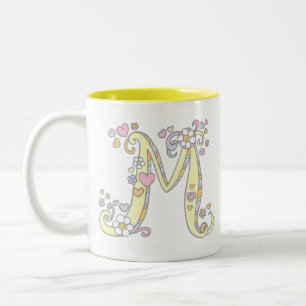 Decorative Monogram M hearts flowers art mug
