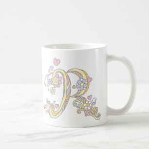 Decorative Monogram R hearts and flowers mug